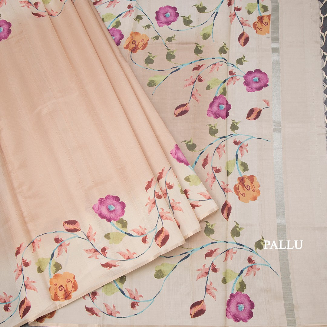 Raw Silk Light Brown Plain Saree With Floral Border