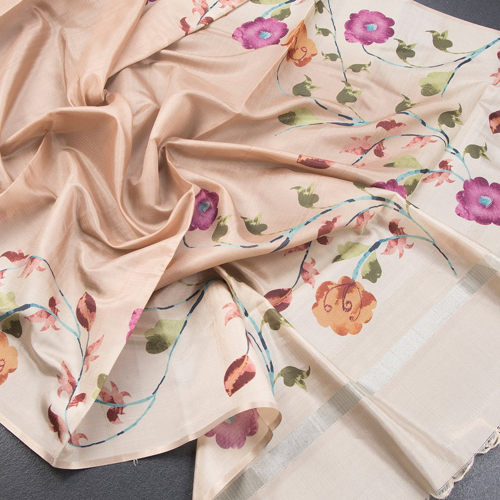 Raw Silk Cream Printed Saree With Zari Border 09