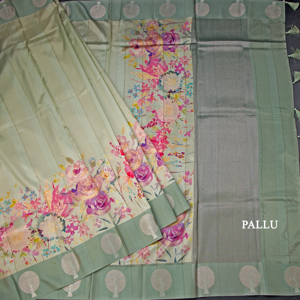 Raw Silk Pista Green Stripes Saree With Zari Border