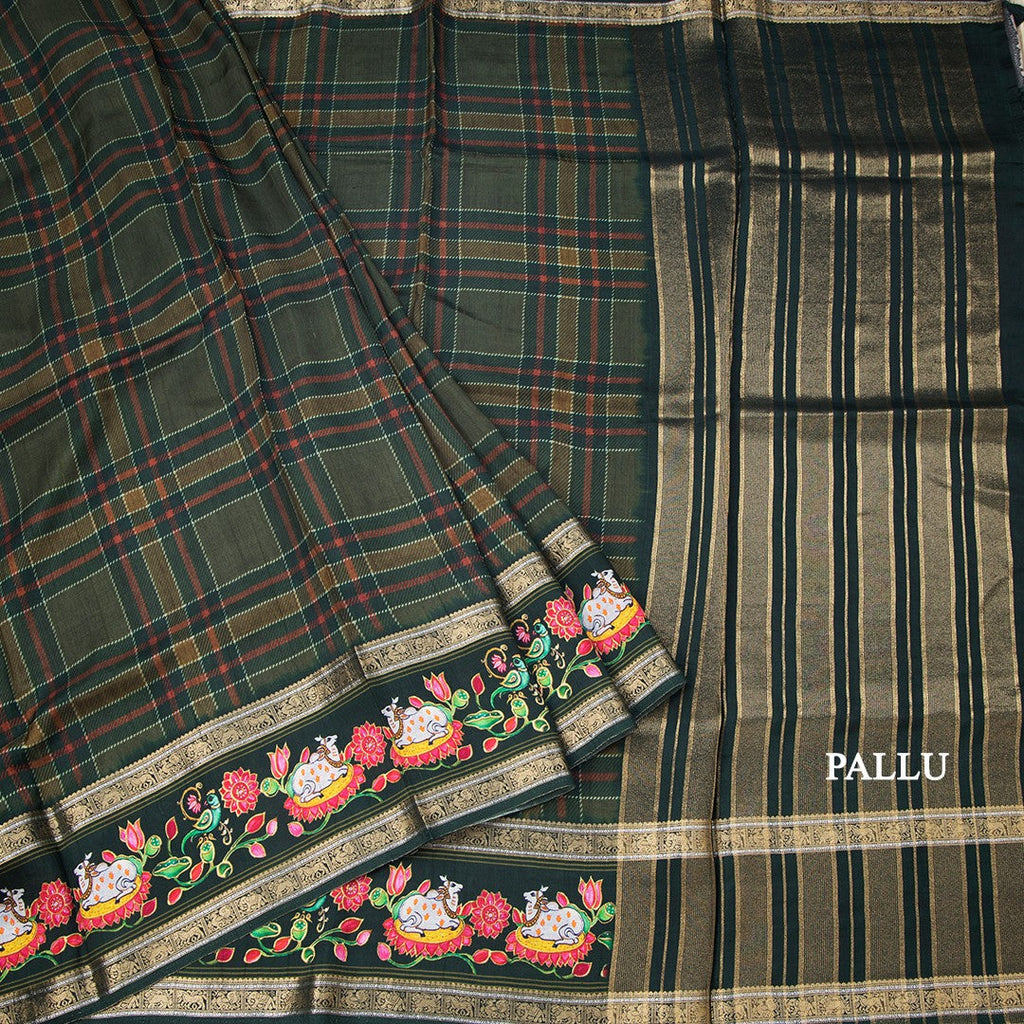 Raw Silk Dark Green Printed Checked Saree And Rettapet Border
