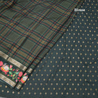 Raw Silk Dark Green Printed Checked Saree And Rettapet Border