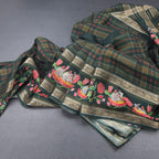 Raw Silk Dark Green Printed Checked Saree And Rettapet Border