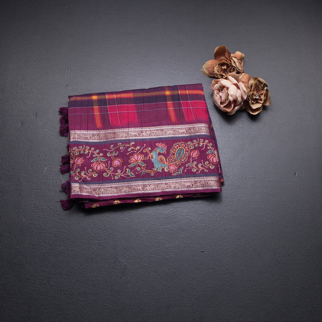 Raw Silk Multi Colour Printed Checked Saree And Rettapet Border