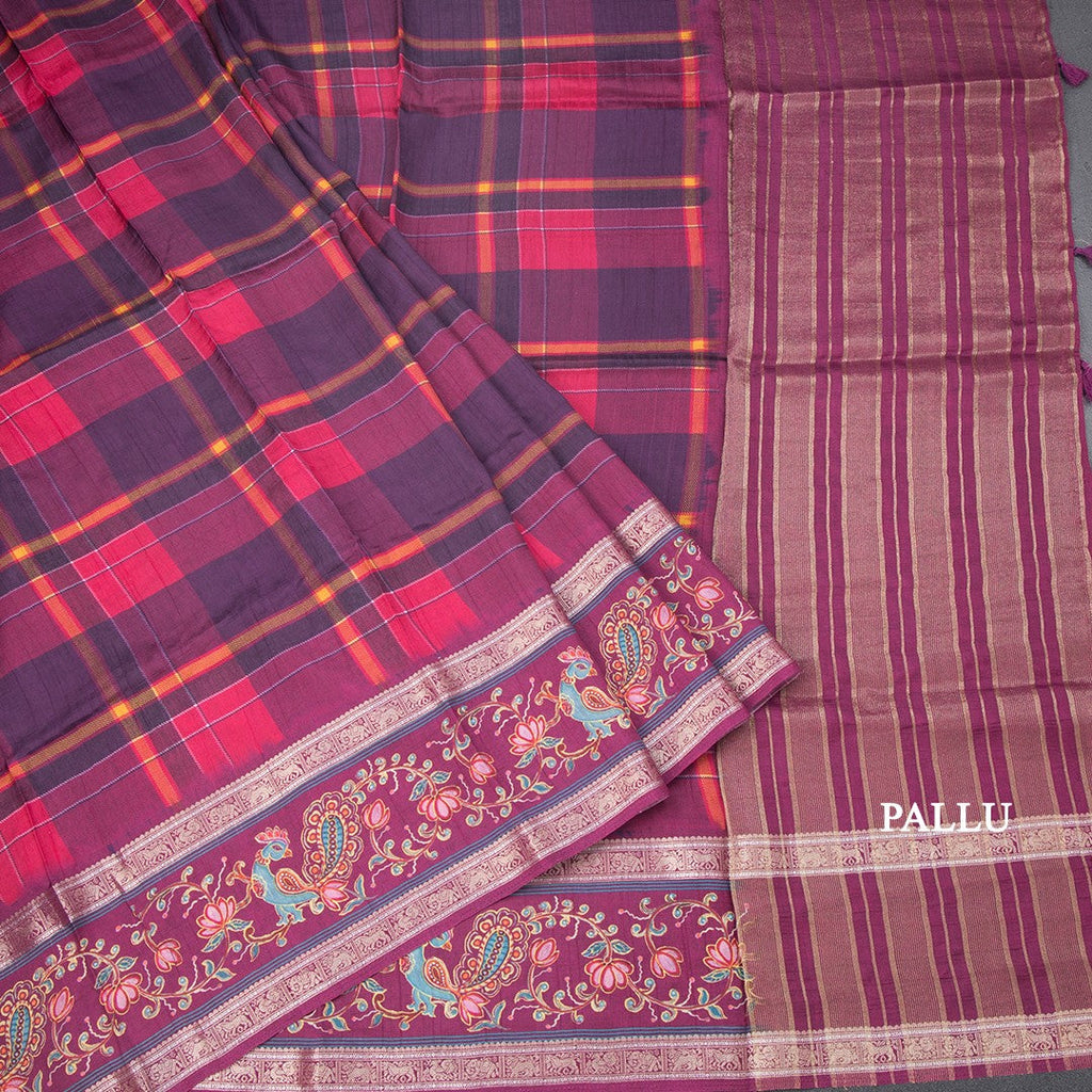 Raw Silk Multi Colour Printed Checked Saree And Rettapet Border