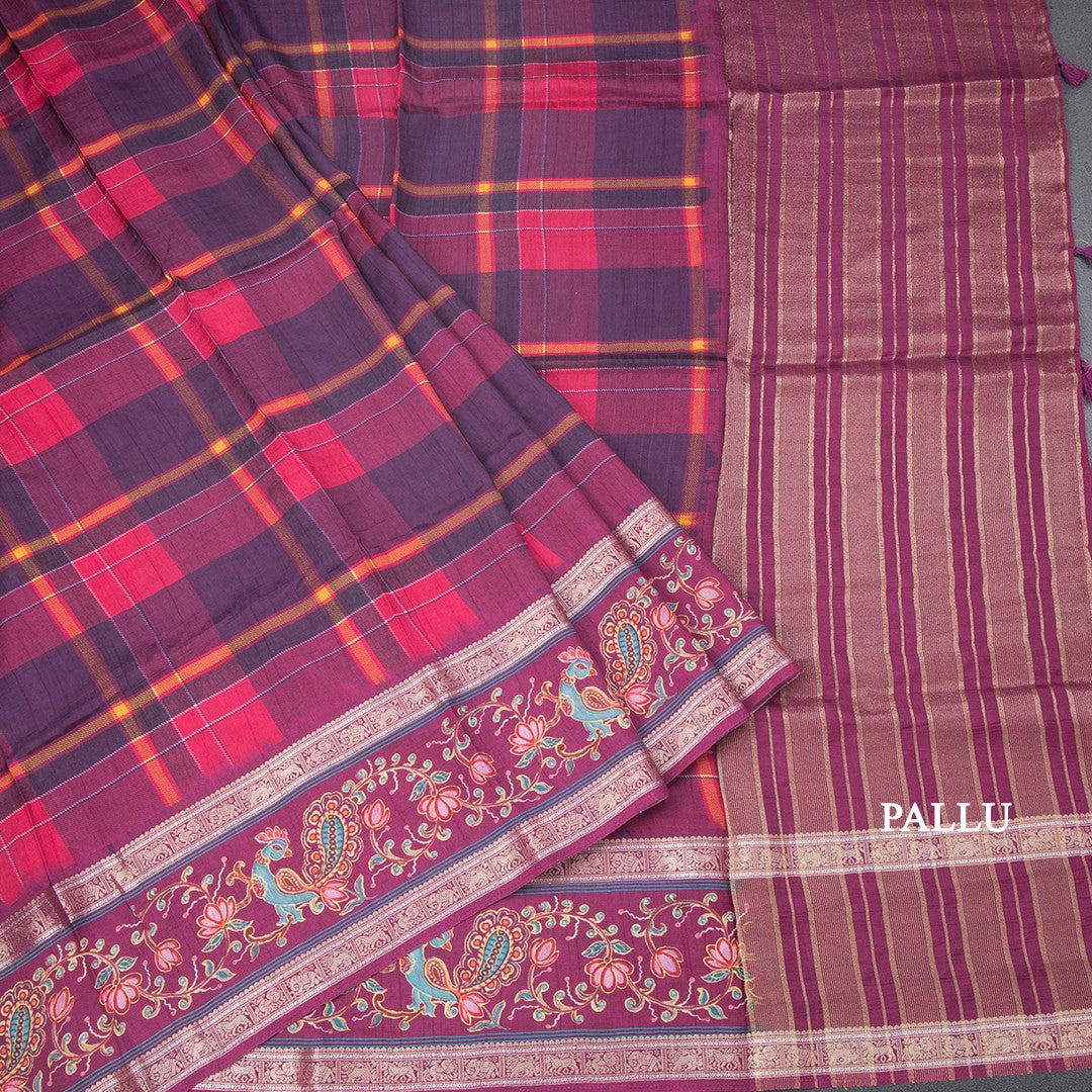 Raw Silk Multi Colour Printed Checked Saree And Rettapet Border