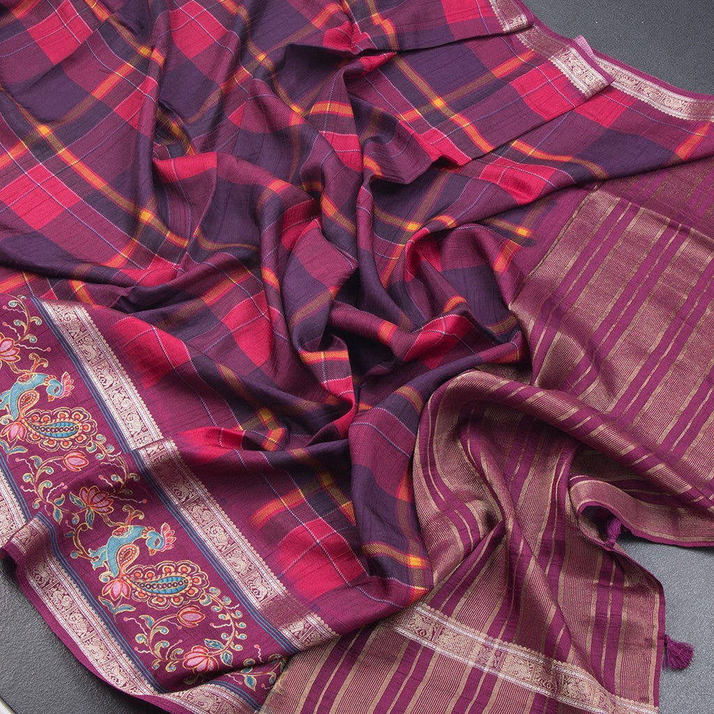 Raw Silk Multi Colour Printed Checked Saree And Rettapet Border