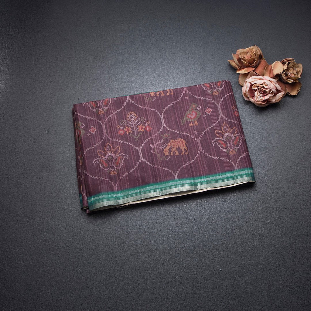 Raw Silk Dark Brown Ikkat Printed Saree
