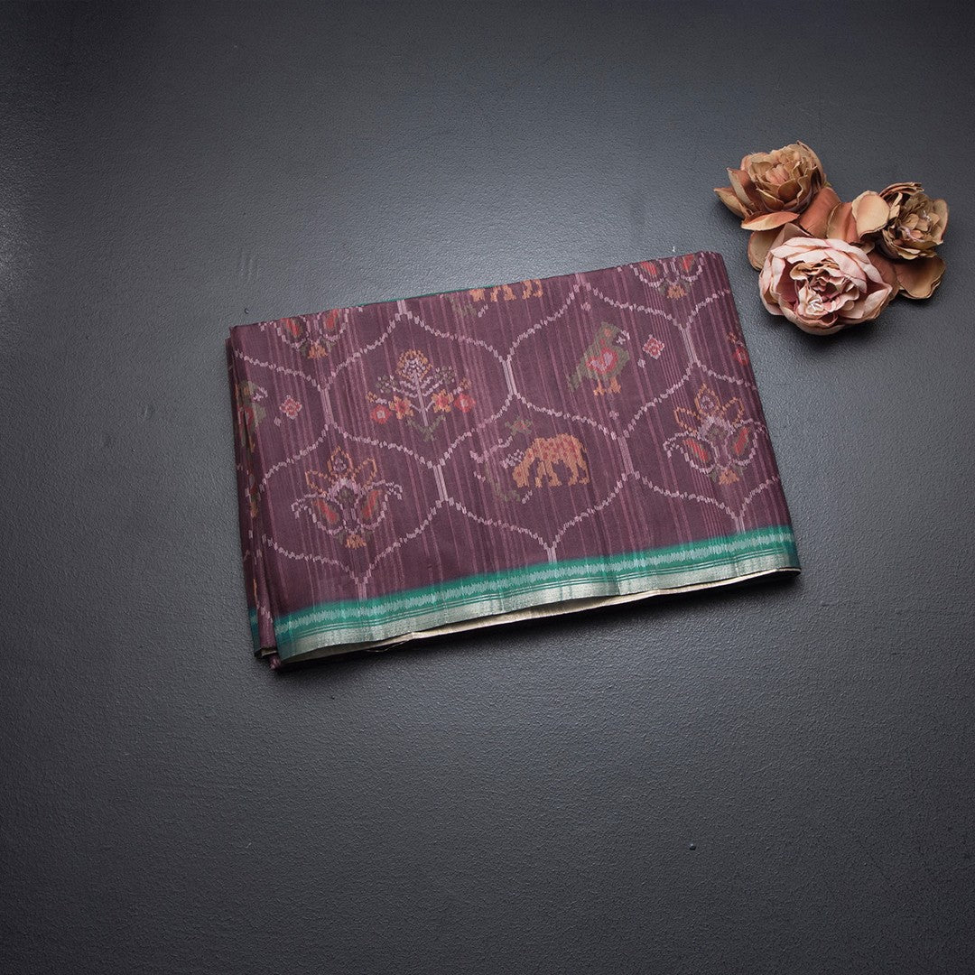 Raw Silk Dark Brown Ikkat Printed Saree