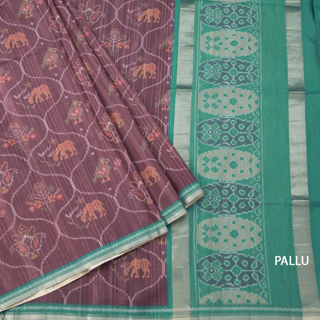 Raw Silk Dark Brown Ikkat Printed Saree