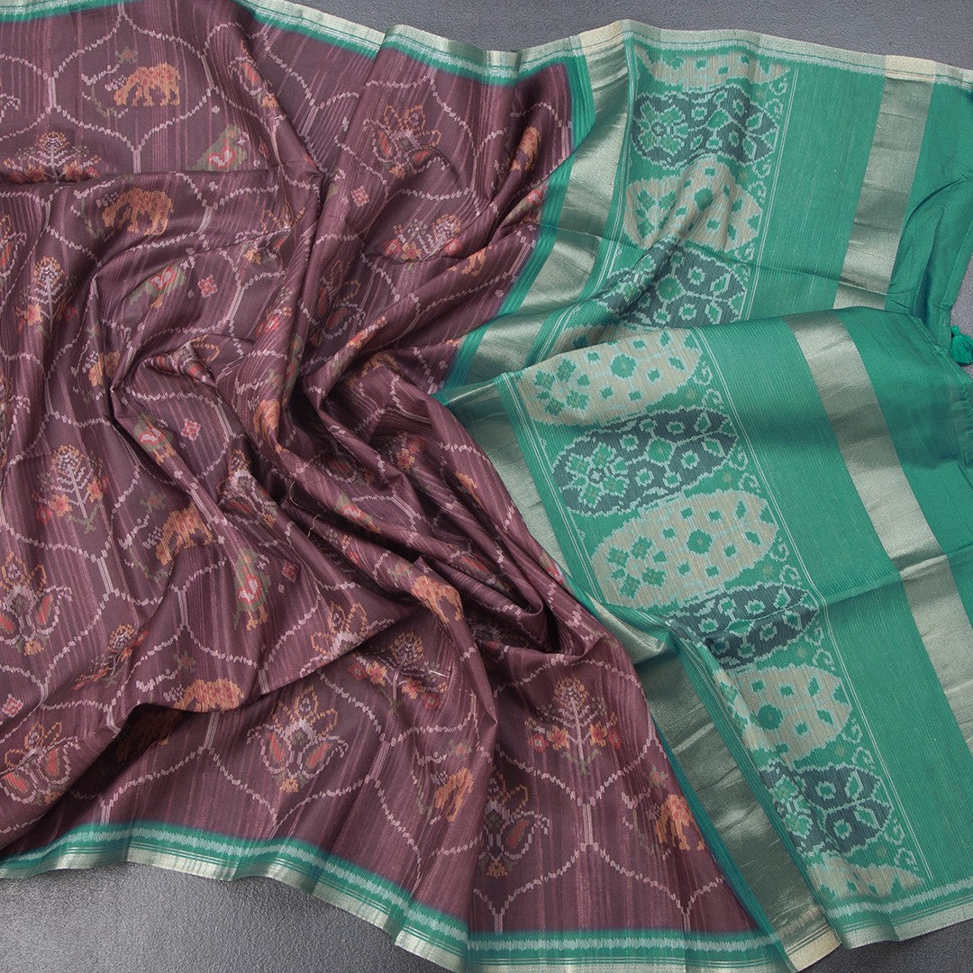 Raw Silk Dark Brown Ikkat Printed Saree