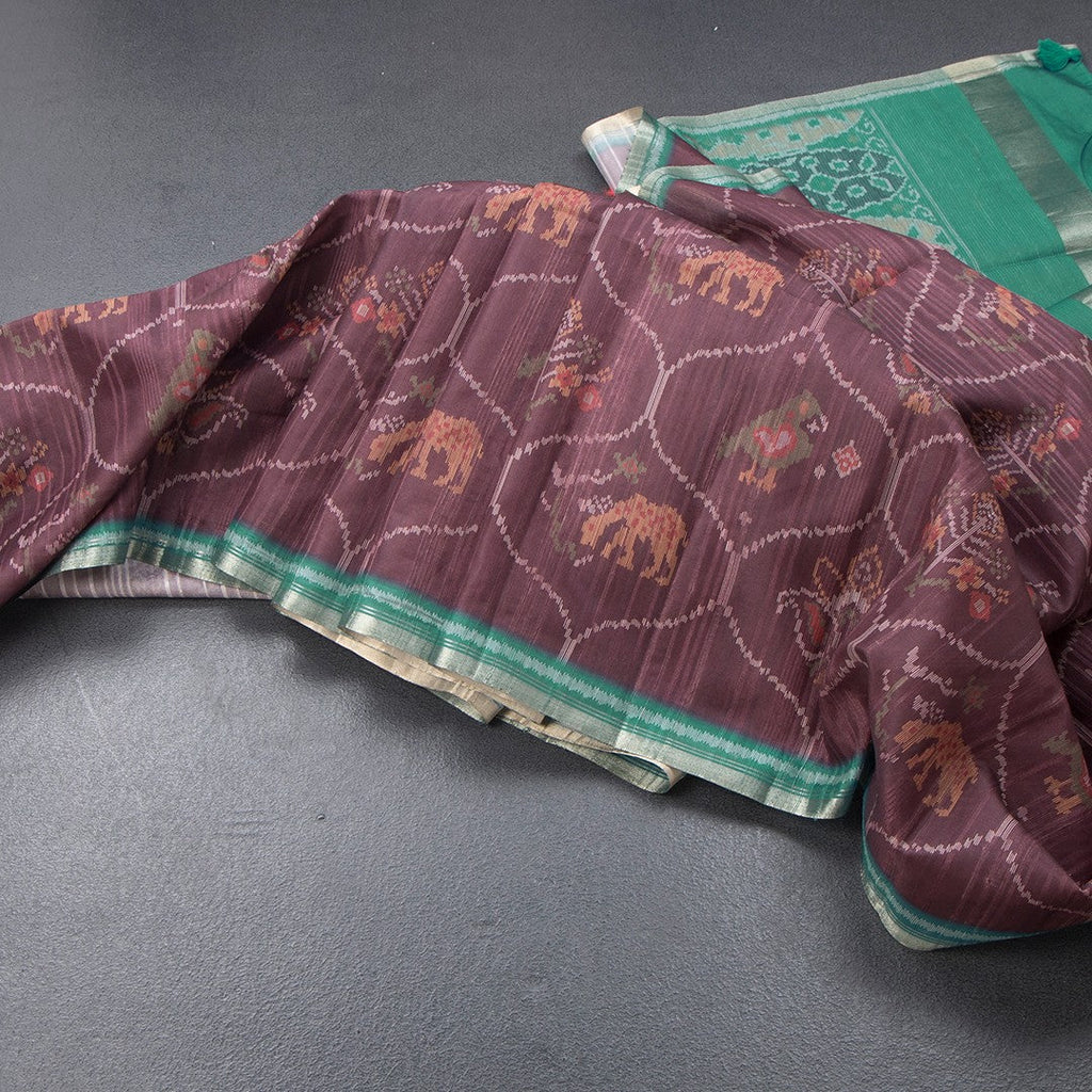 Raw Silk Dark Brown Ikkat Printed Saree