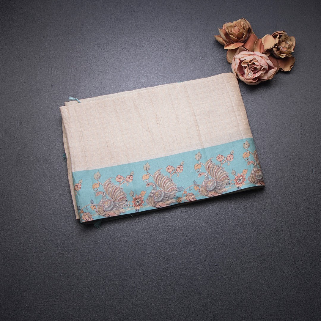 Raw Silk Cream Zari Checked Saree With Printed Border 05