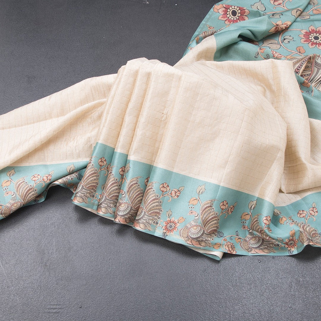 Raw Silk Cream Zari Checked Saree With Printed Border 05