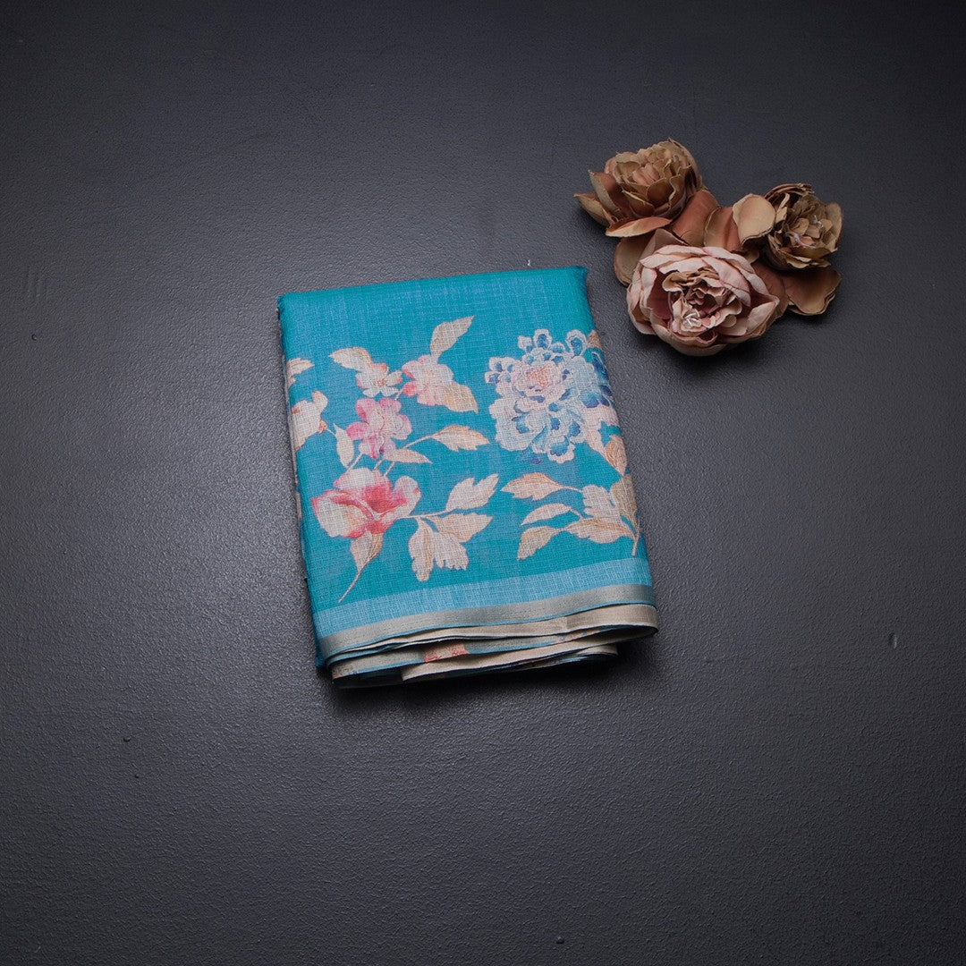 Kota Peacock Blue Borderless Floral Printed Saree