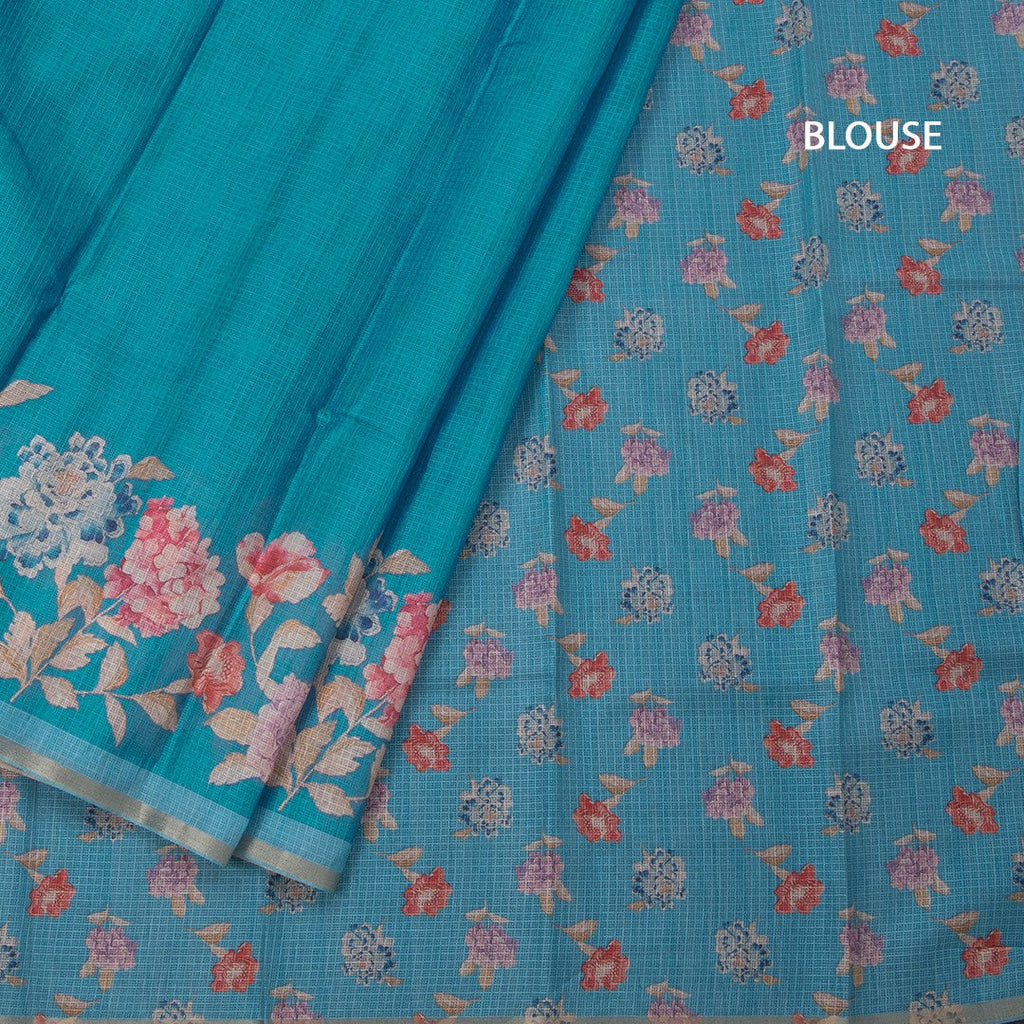 Kota Peacock Blue Borderless Floral Printed Saree