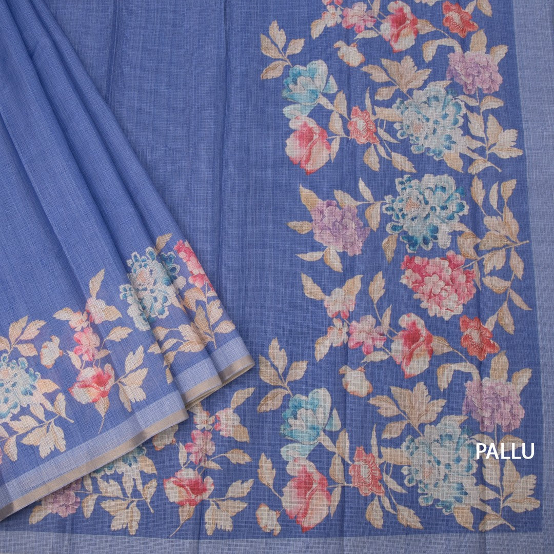 Kota Cornflower Blue Borderless Floral Printed Saree
