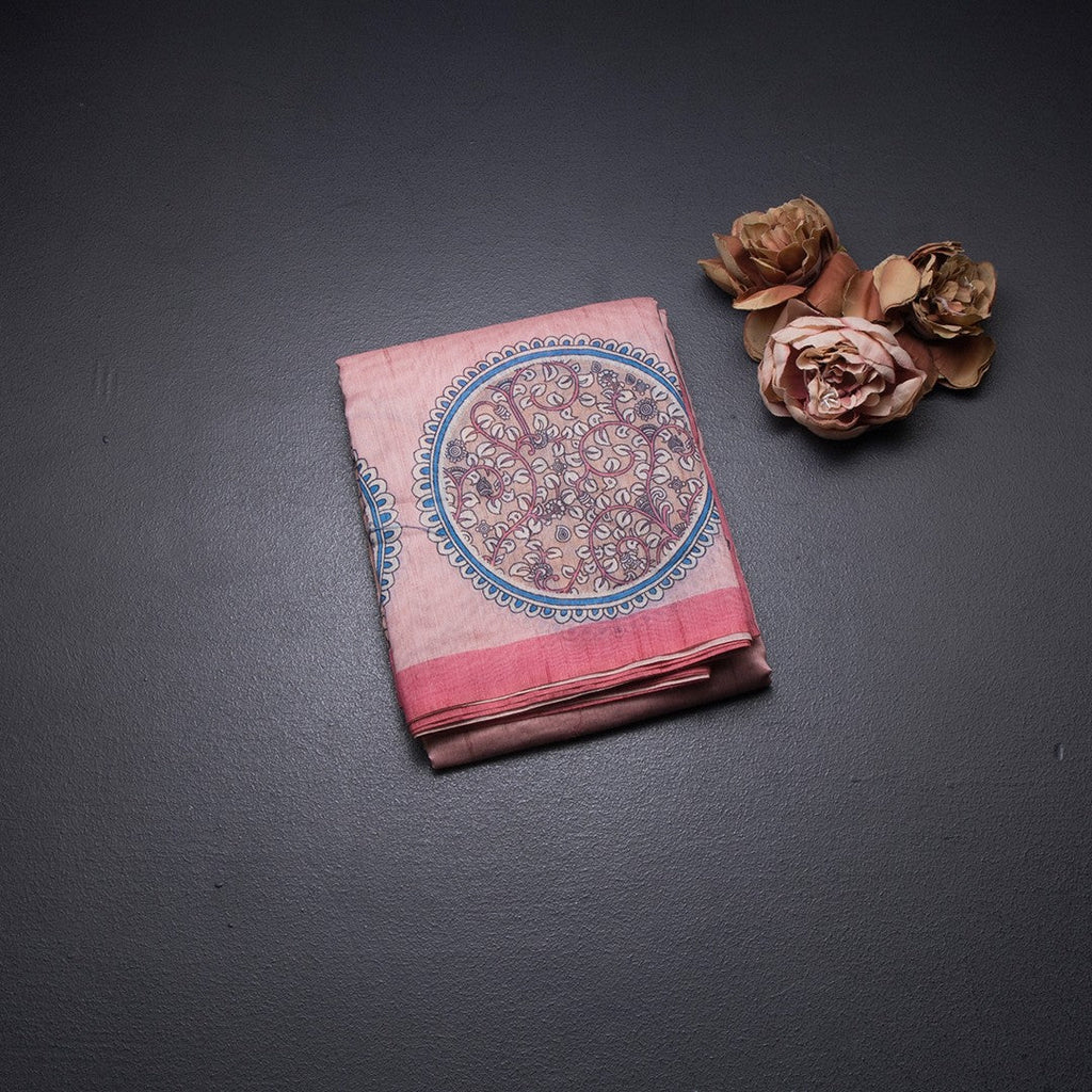 Semi Linen Peach Kalamkari Printed Saree