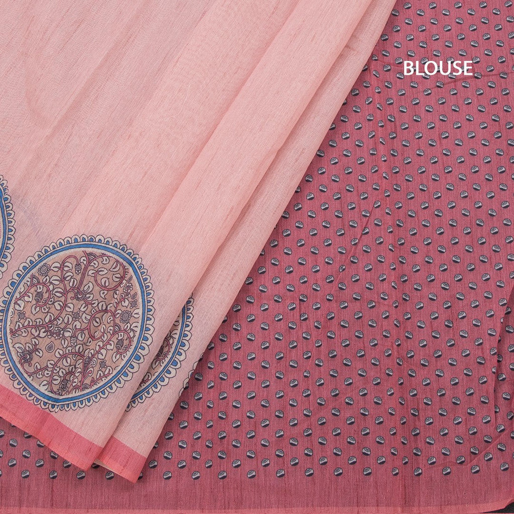Semi Linen Peach Kalamkari Printed Saree