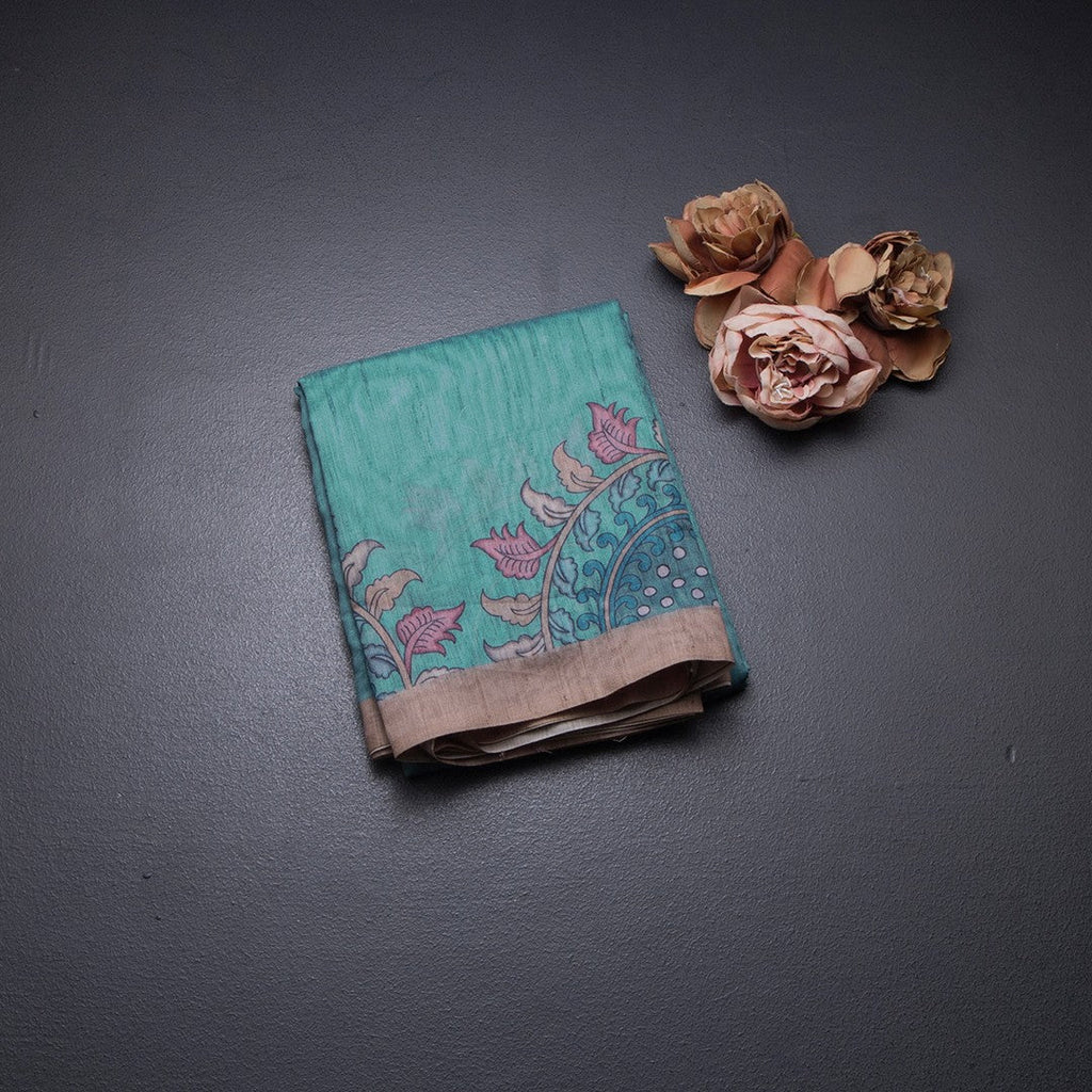 Semi Linen Teal Green Kalamkari Printed Saree