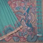 Semi Linen Teal Green Kalamkari Printed Saree