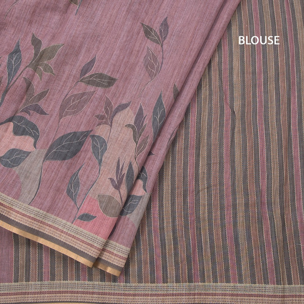 Semi Linen Light Maroon Leaf Printed Saree