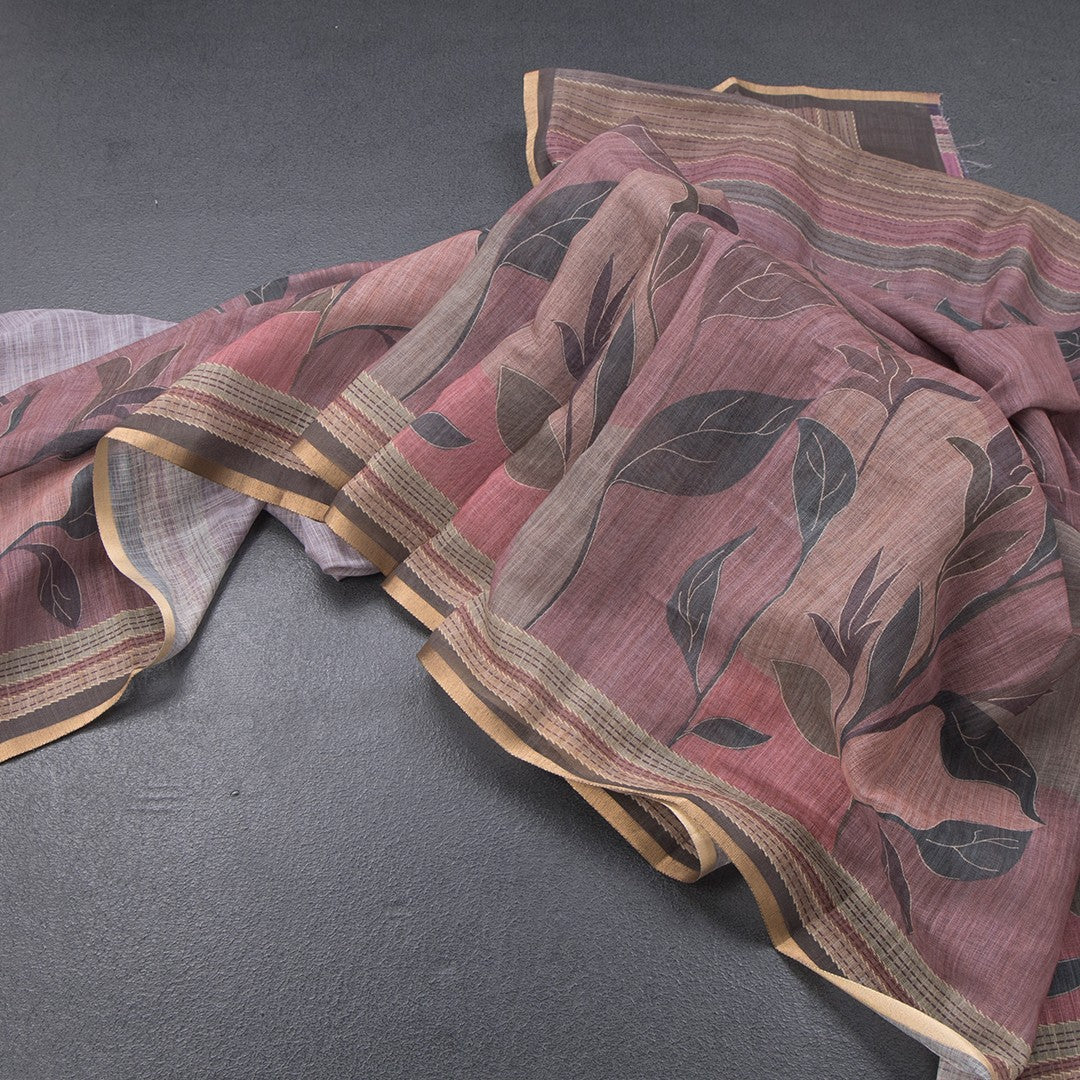 Semi Linen Light Maroon Leaf Printed Saree