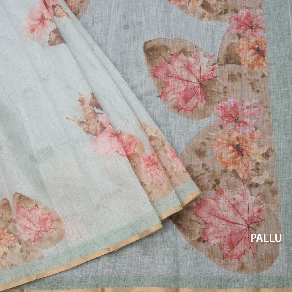 Semi Linen Light Pista Green Leaf Printed Saree