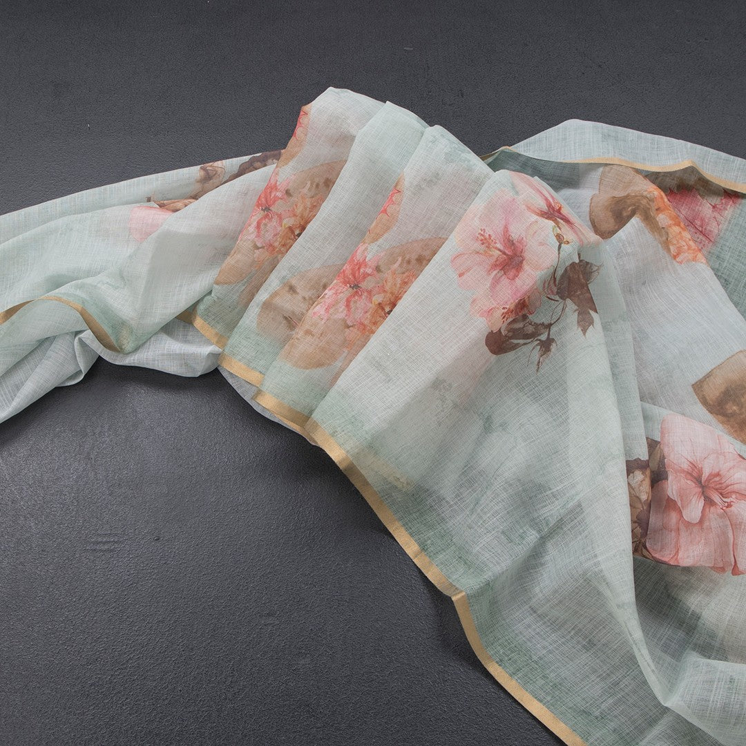 Semi Linen Light Pista Green Leaf Printed Saree