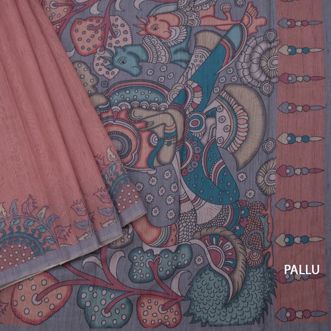 Semi Linen Light Maroon Kalamkari Printed Saree