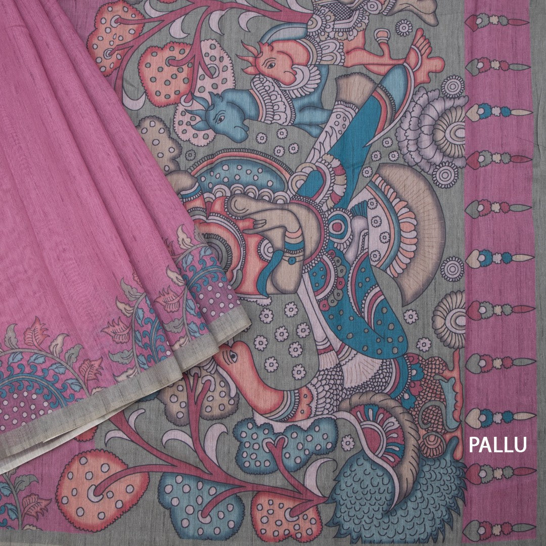 Semi Linen Magenta Purple Kalamkari Printed Saree