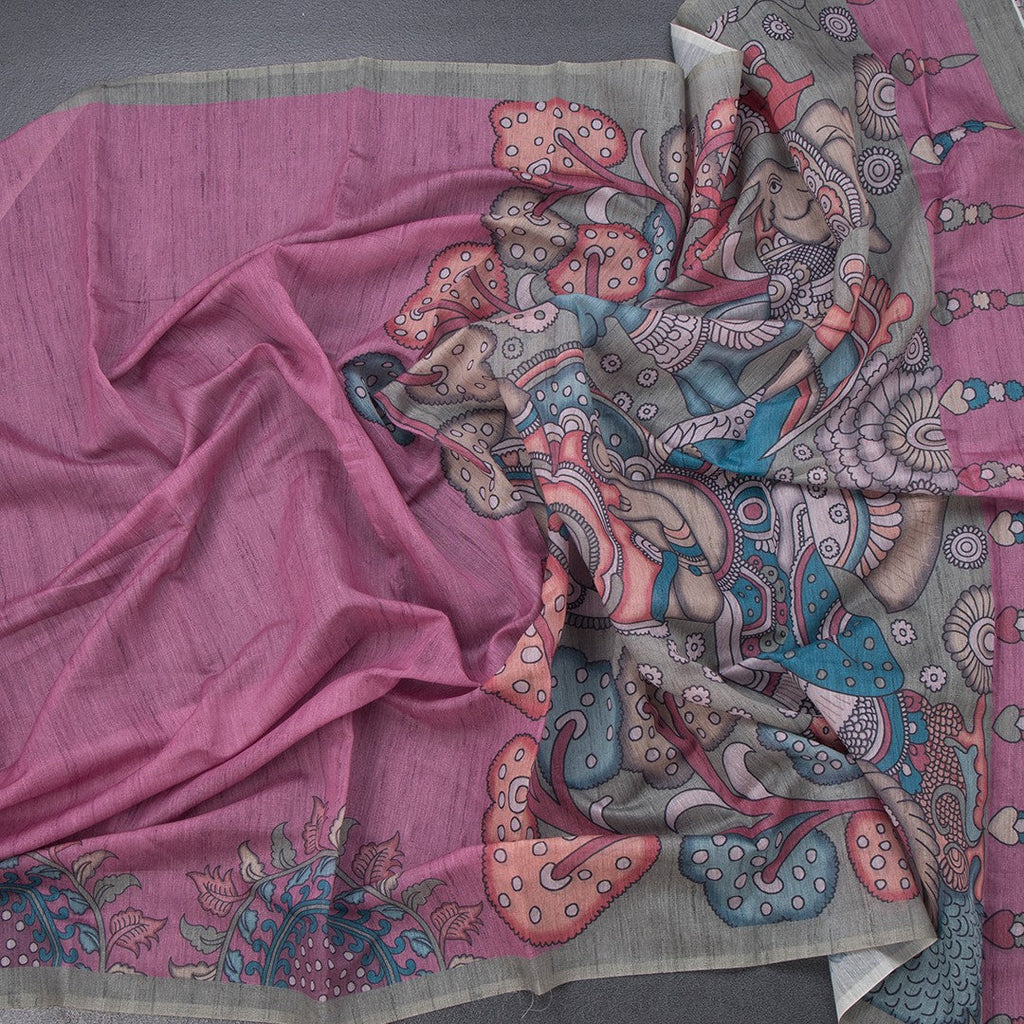 Semi Linen Magenta Purple Kalamkari Printed Saree