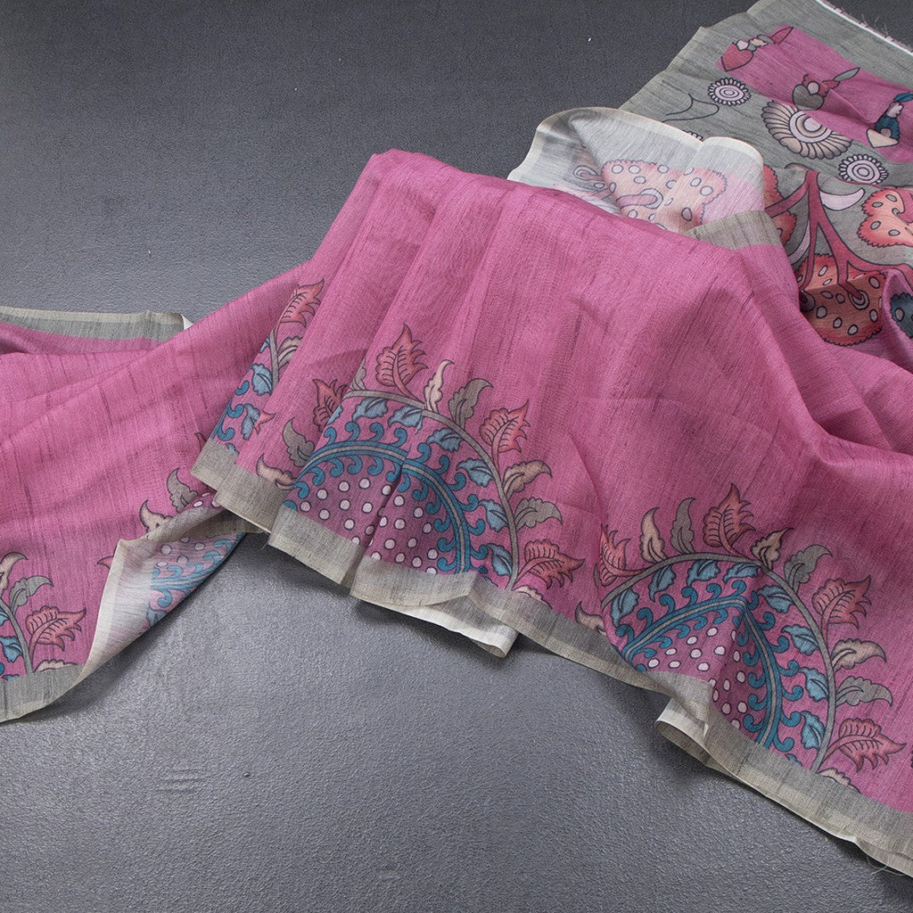 Semi Linen Magenta Purple Kalamkari Printed Saree