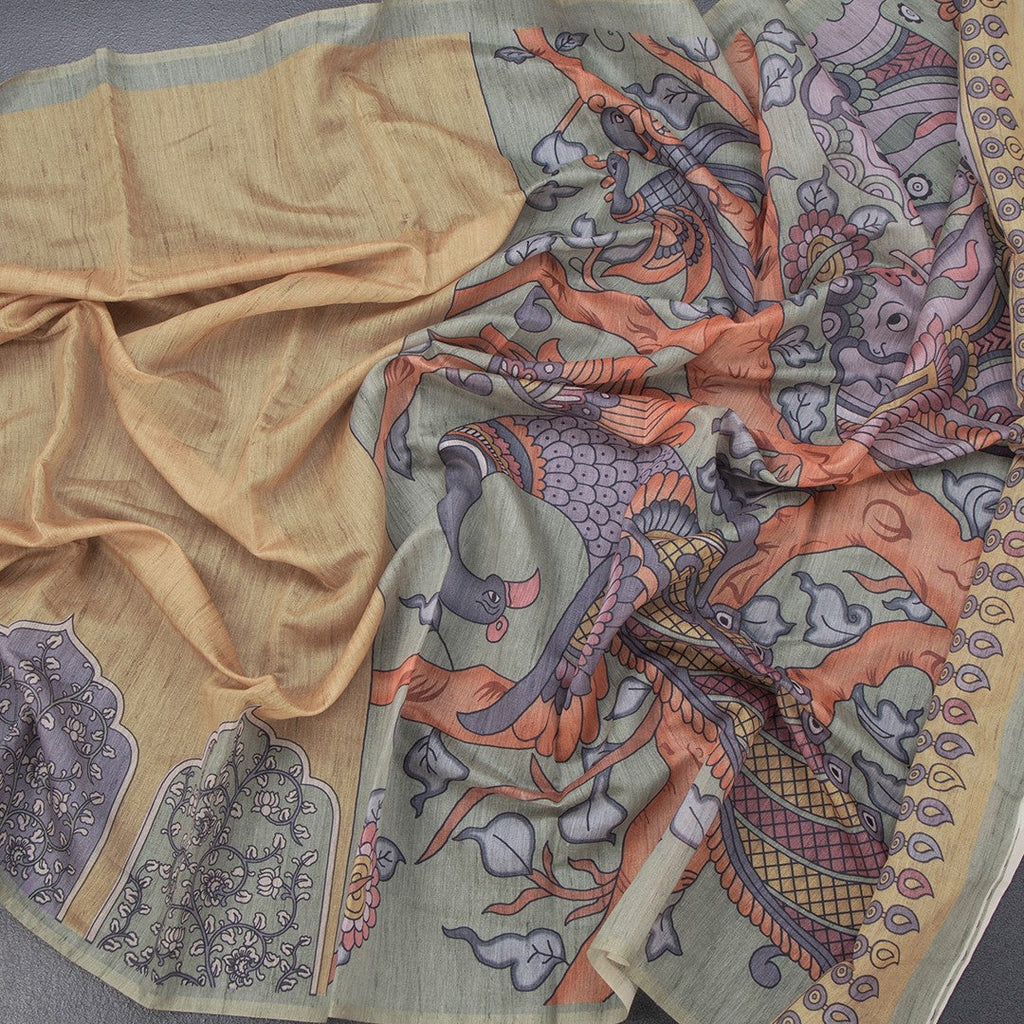 Semi Linen Mustard Kalamkari Printed Saree