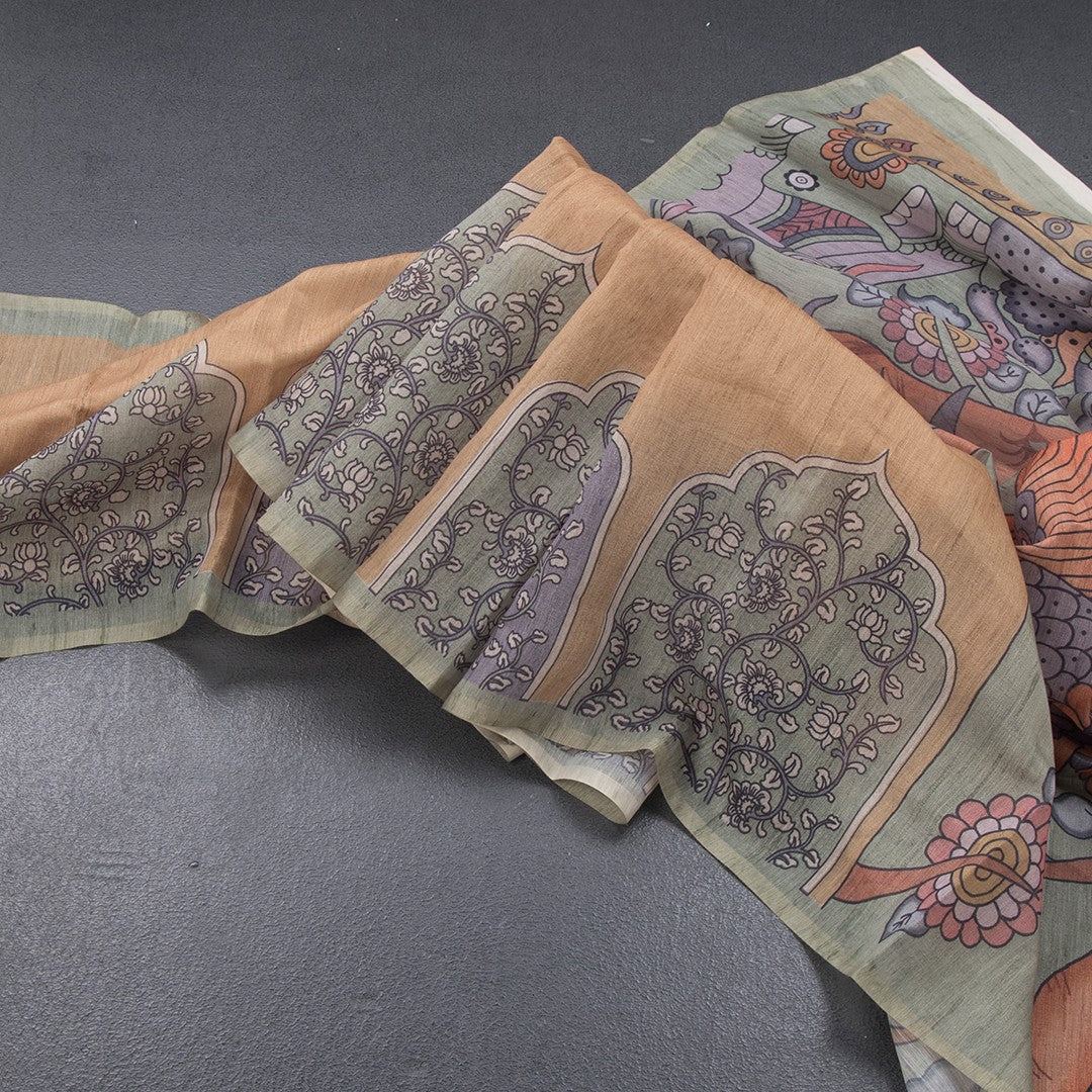 Semi Linen Mustard Kalamkari Printed Saree