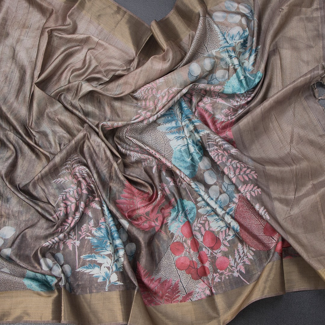 Raw Silk Multi Colour Leaf Printed Saree With Zari Border