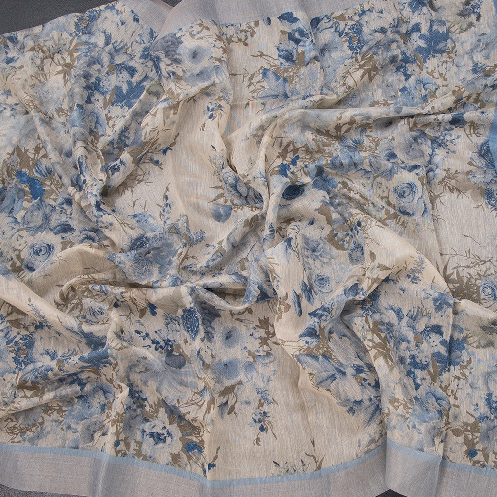 Semi Linen Cream Floral Printed Saree With Zari Border