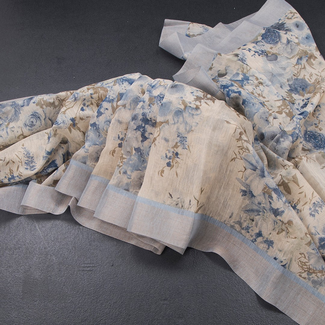 Semi Linen Cream Floral Printed Saree With Zari Border