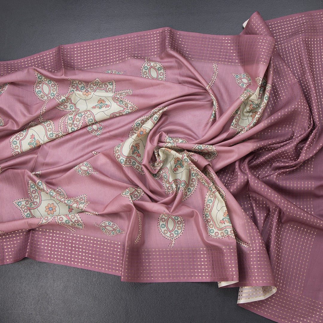 Raw Silk Onion Pink Printed Saree