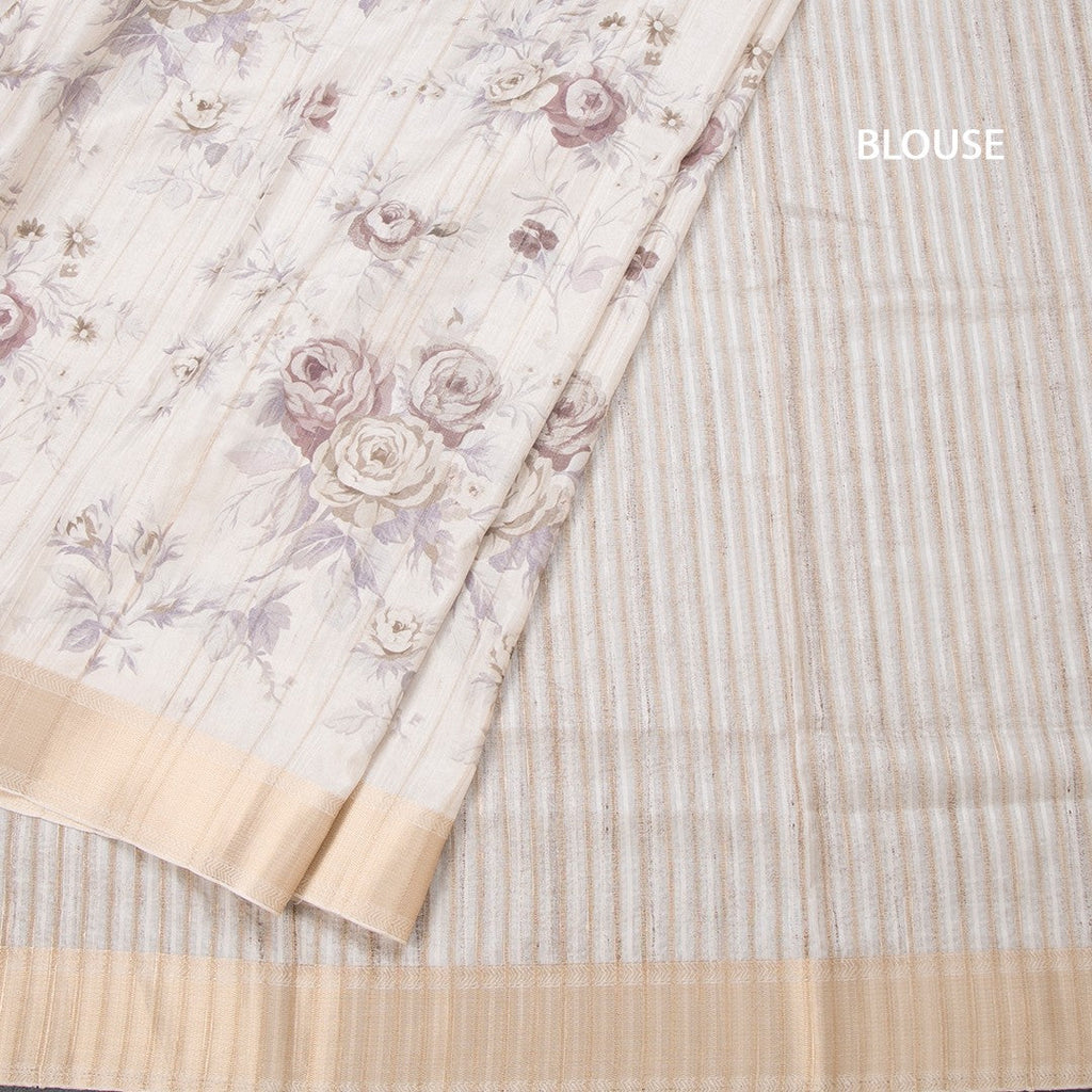 Raw Silk Cream Floral Printed Saree With Zari Border 03