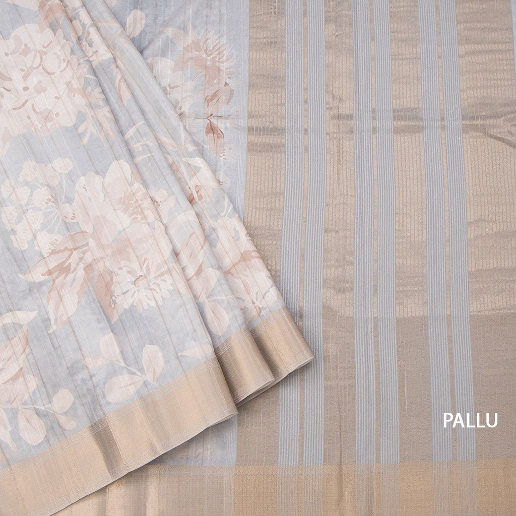 Raw Silk Grey Floral Printed Saree With Zari Border 02