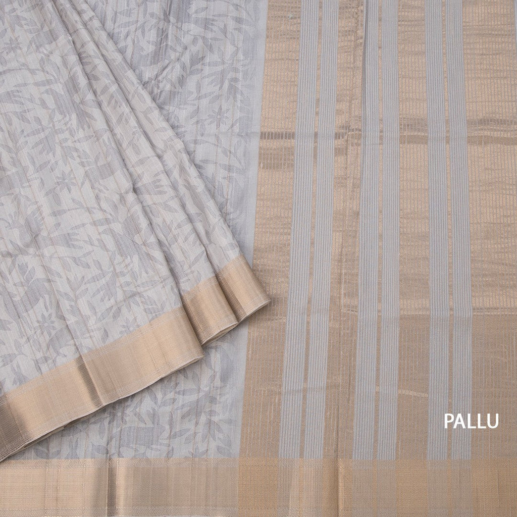 Raw Silk Grey Printed Saree With Zari Border 02