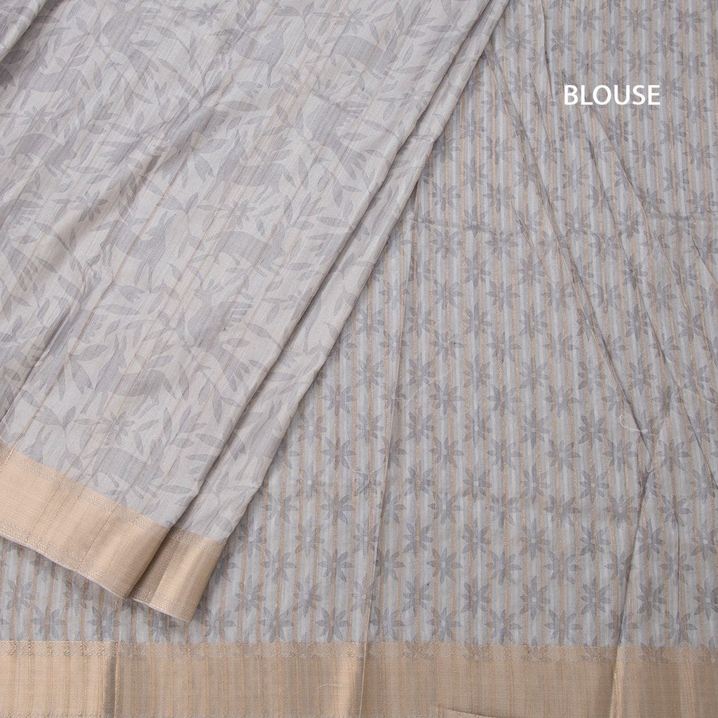 Raw Silk Grey Printed Saree With Zari Border 02