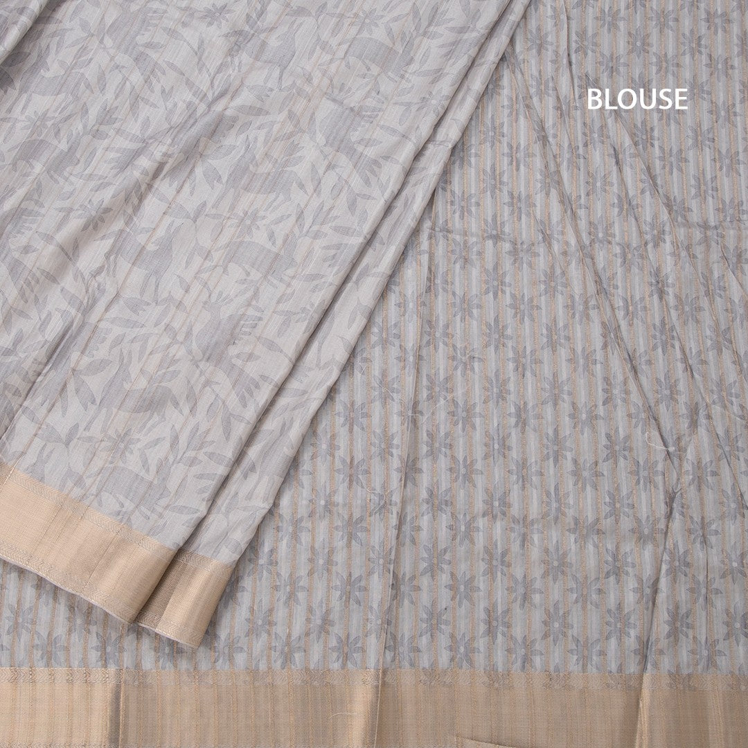 Raw Silk Grey Printed Saree With Zari Border 02