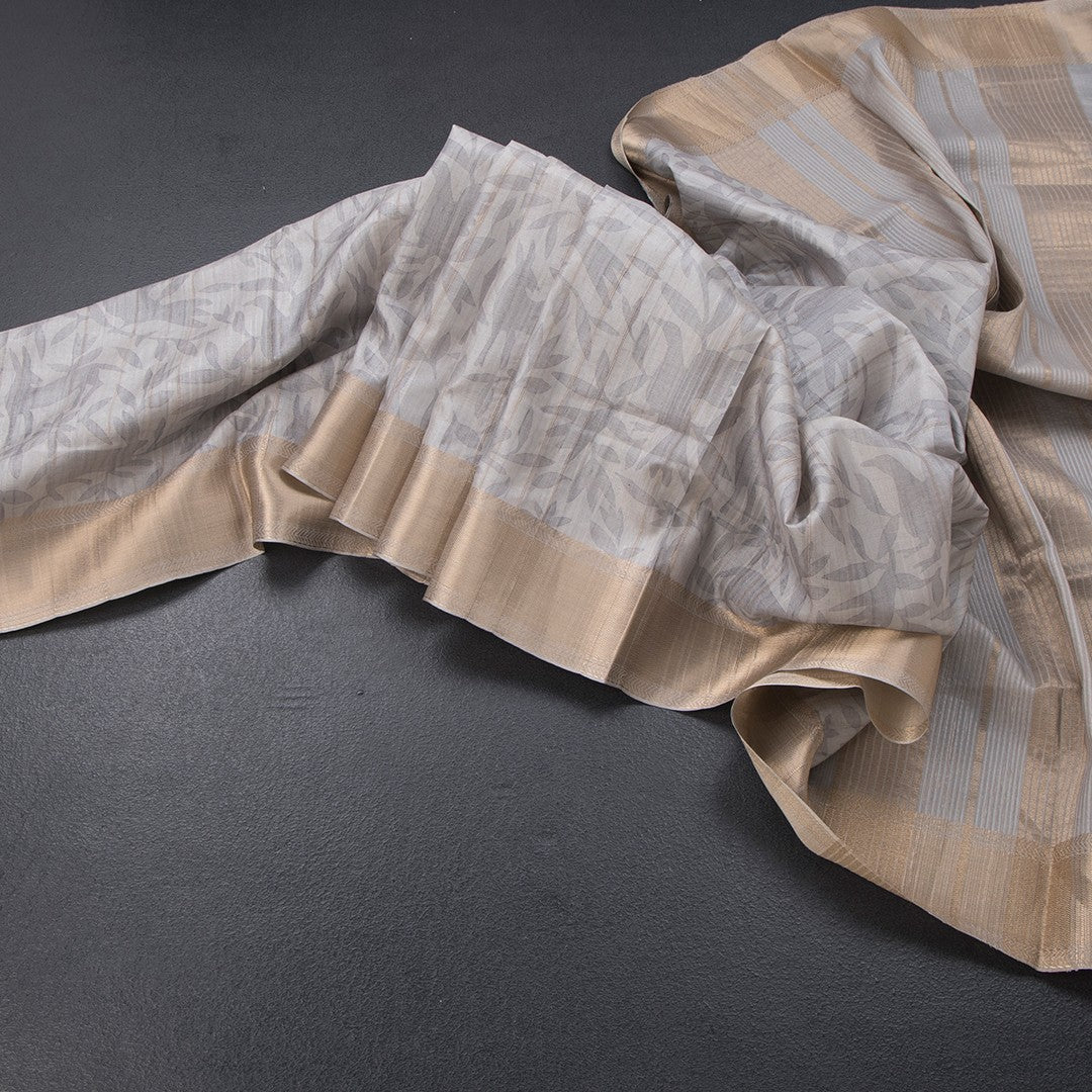 Raw Silk Grey Printed Saree With Zari Border 02