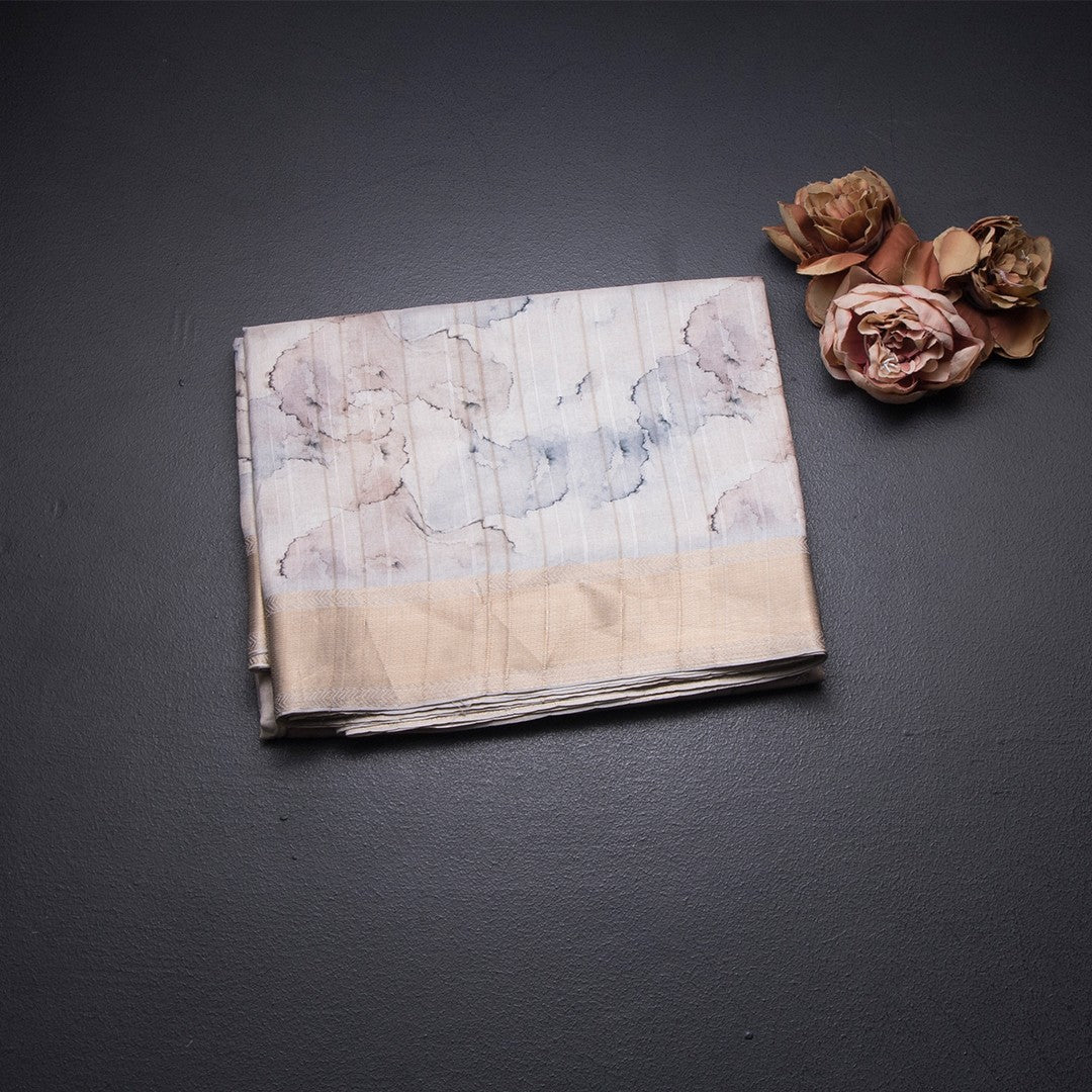 Raw Silk Cream Printed Saree With Zari Border 09
