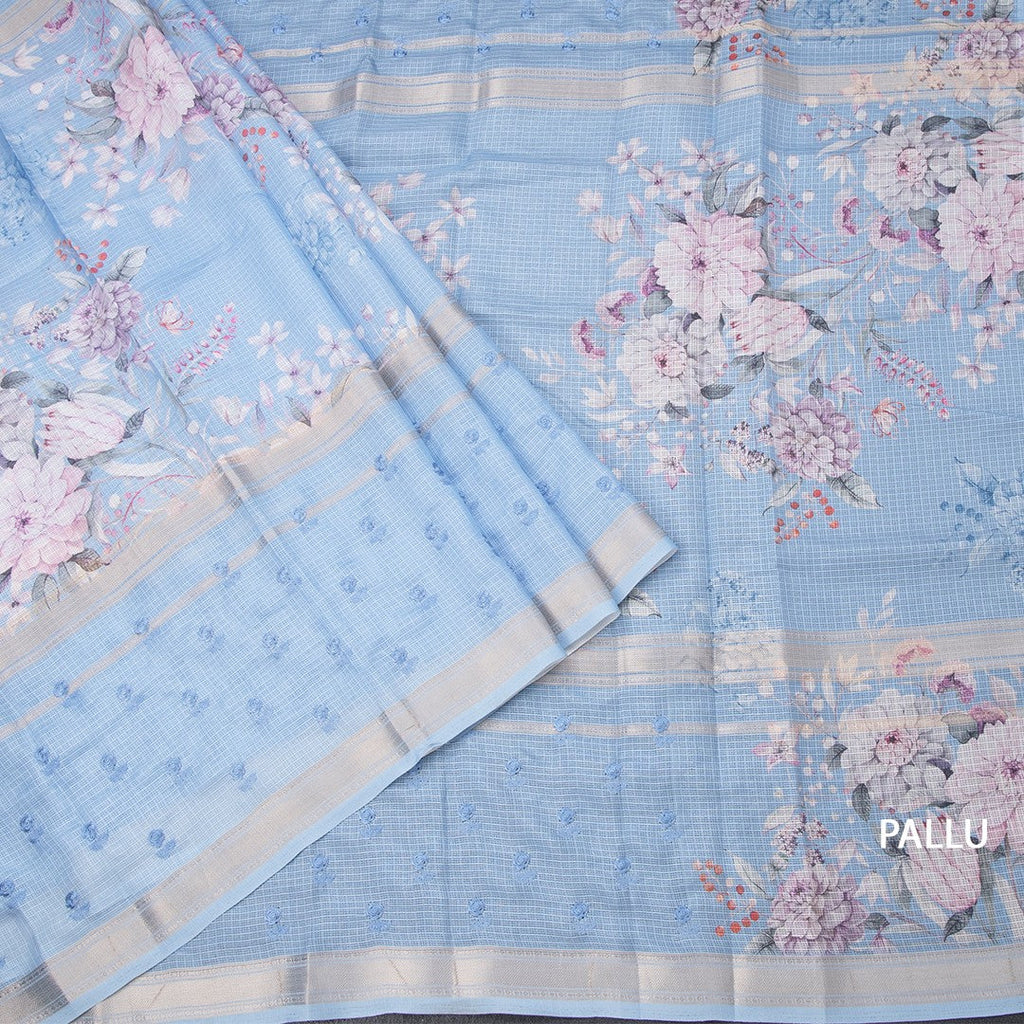 Kota Cornflower Blue Printed With Thread Work Saree