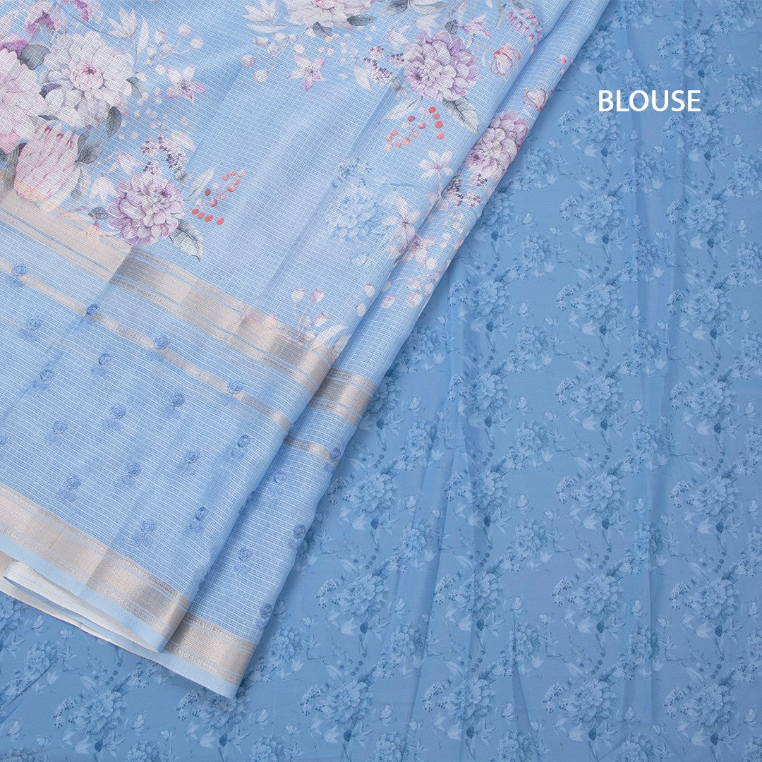 Kota Cornflower Blue Printed With Thread Work Saree