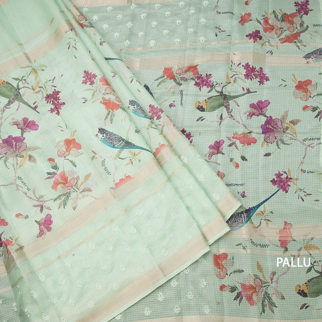 Kota Light Green Printed With Thread Work Saree