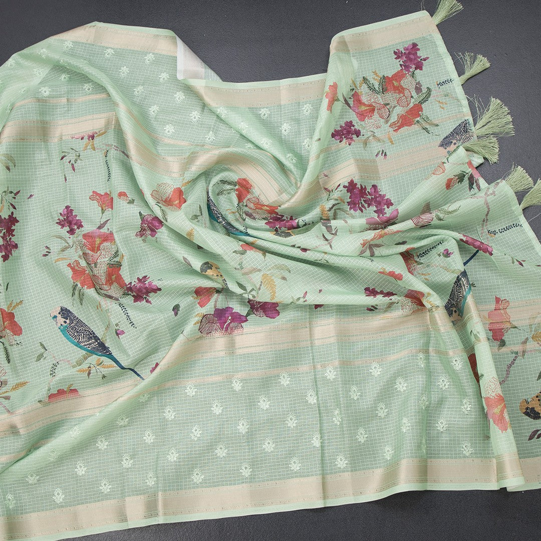 Kota Light Green Printed With Thread Work Saree
