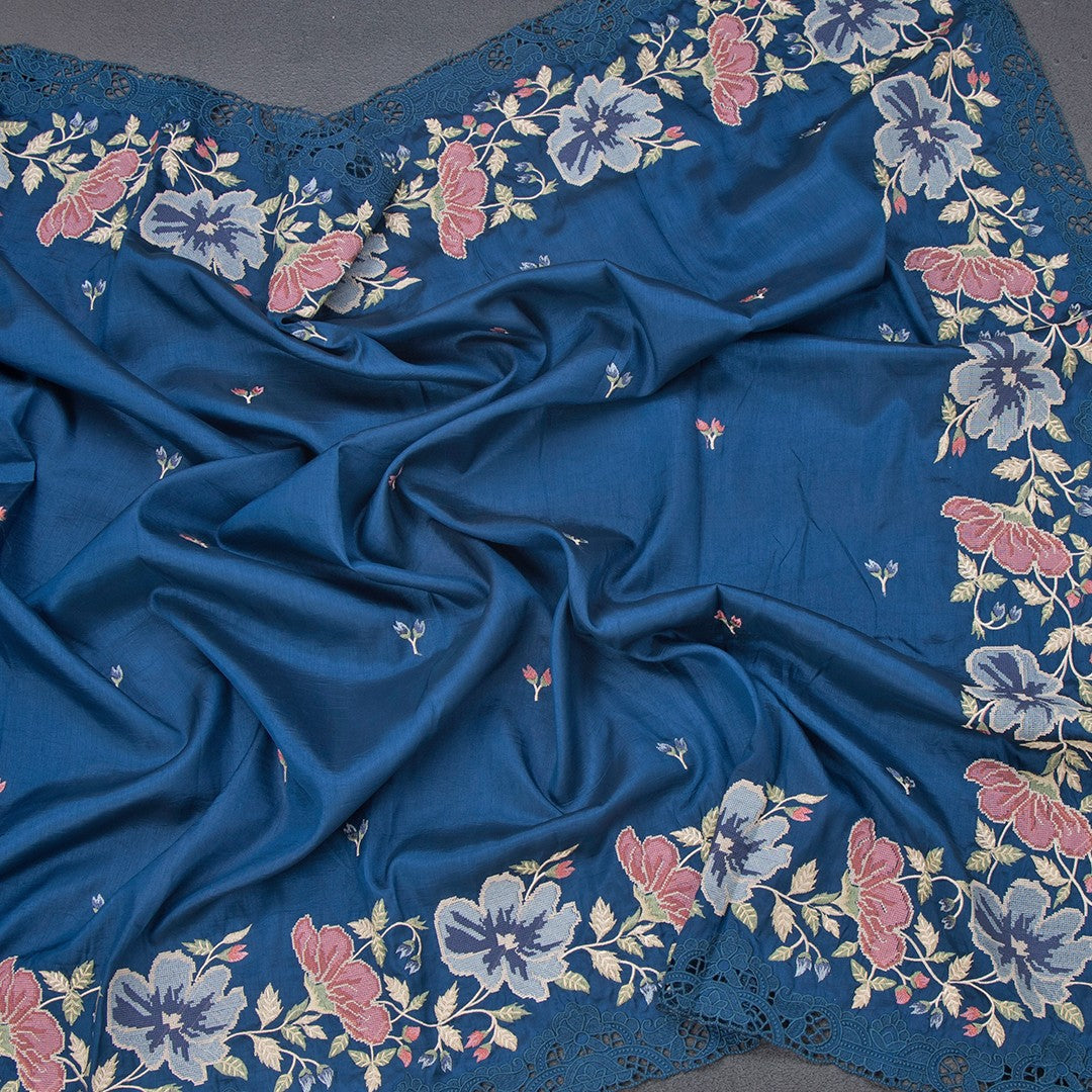 Raw Silk Peacock Blue Saree With Thread Buttas And Cut Work Border